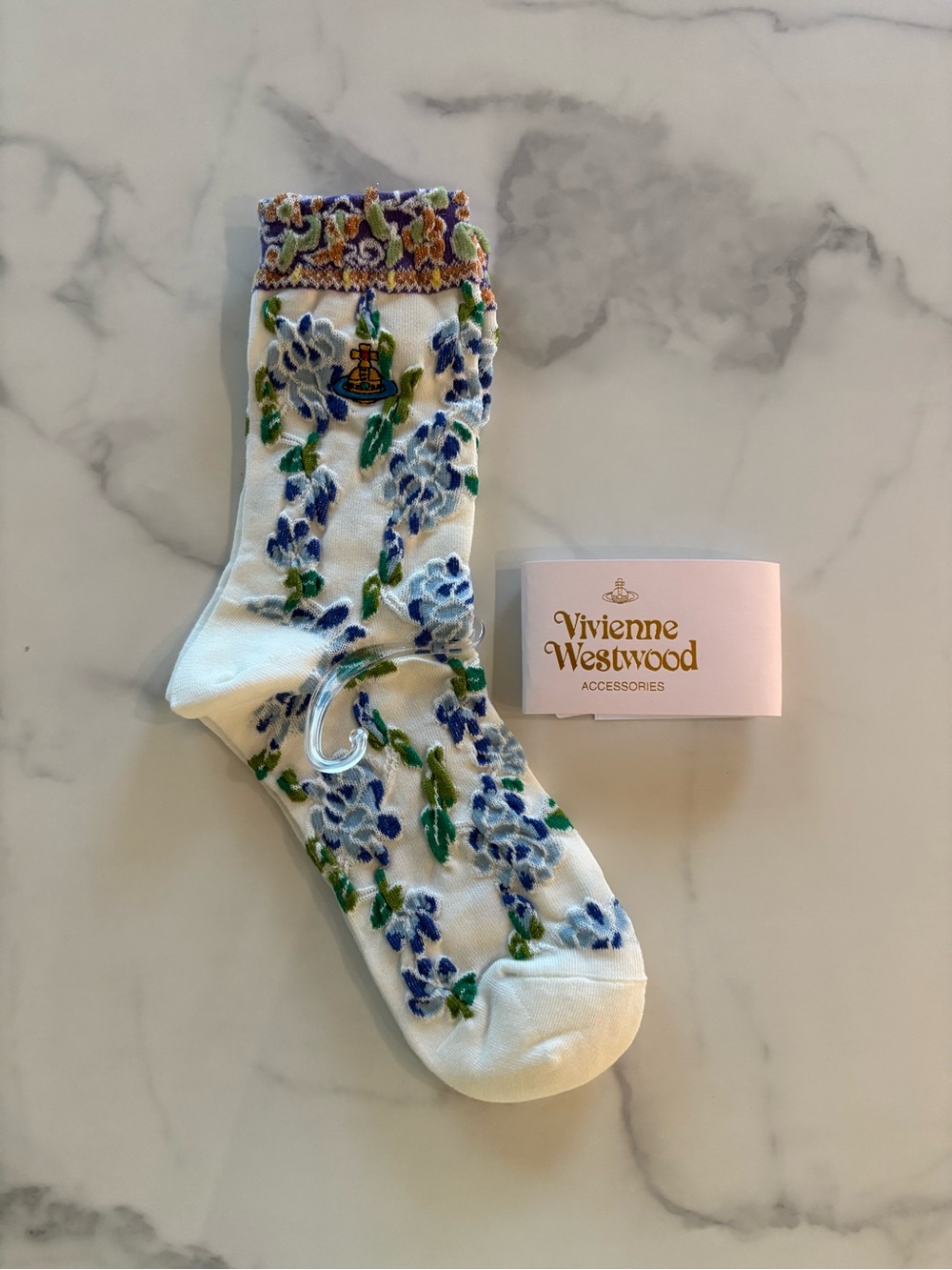 Vivienne Westwood White Floral Embroidered Ankle Socks with Multicolor Cuff